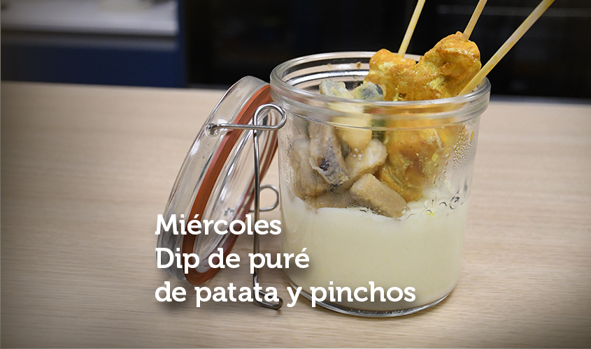 Dip de puré de patates i broquetes de pollastre